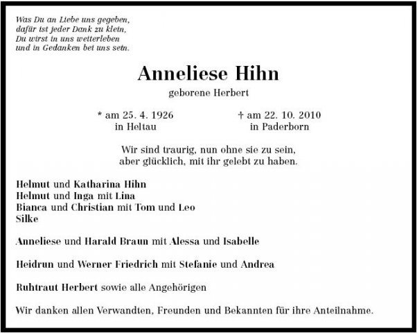 Herbert Anneliese 1926-2010 Todesanzeige